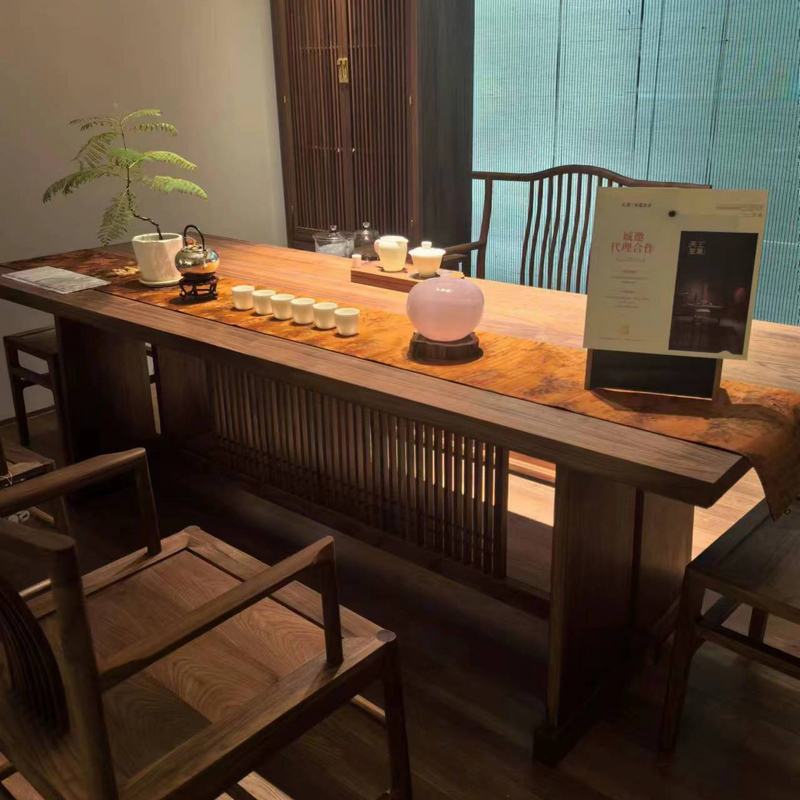 新中式黑胡桃实木茶桌椅组合办公室别墅设计师岩板泡茶桌高端定制