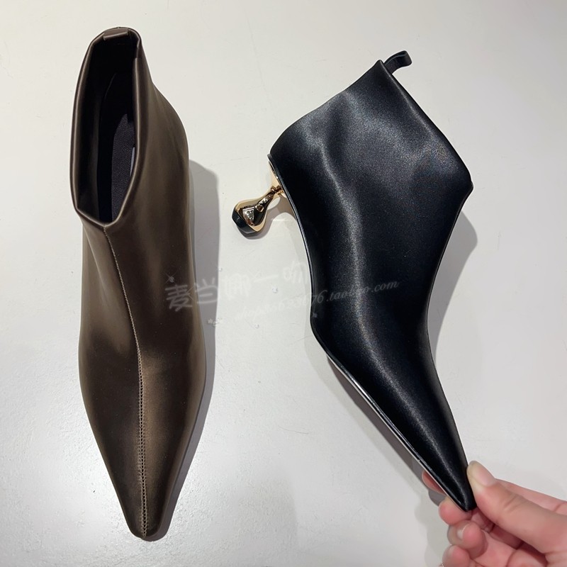 欧洲站IDO法式弹力真丝绸真皮尖头宽套筒水滴低跟及踝时尚女短靴,女鞋,弹力靴/袜靴,淘宝优惠券,粉丝福利购,淘宝优惠卷