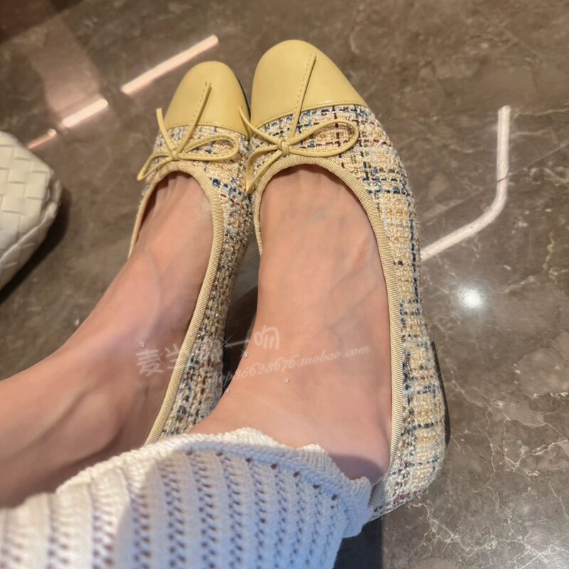 欧洲站春夏MIUZAR小香风蝴蝶结真皮毛呢编织奶油黄浅口平底单鞋女