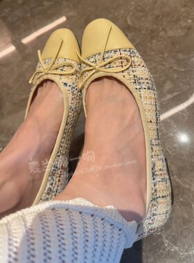 欧洲站春夏MIUZAR小香风蝴蝶结真皮毛呢编织奶油黄浅口平底单鞋女