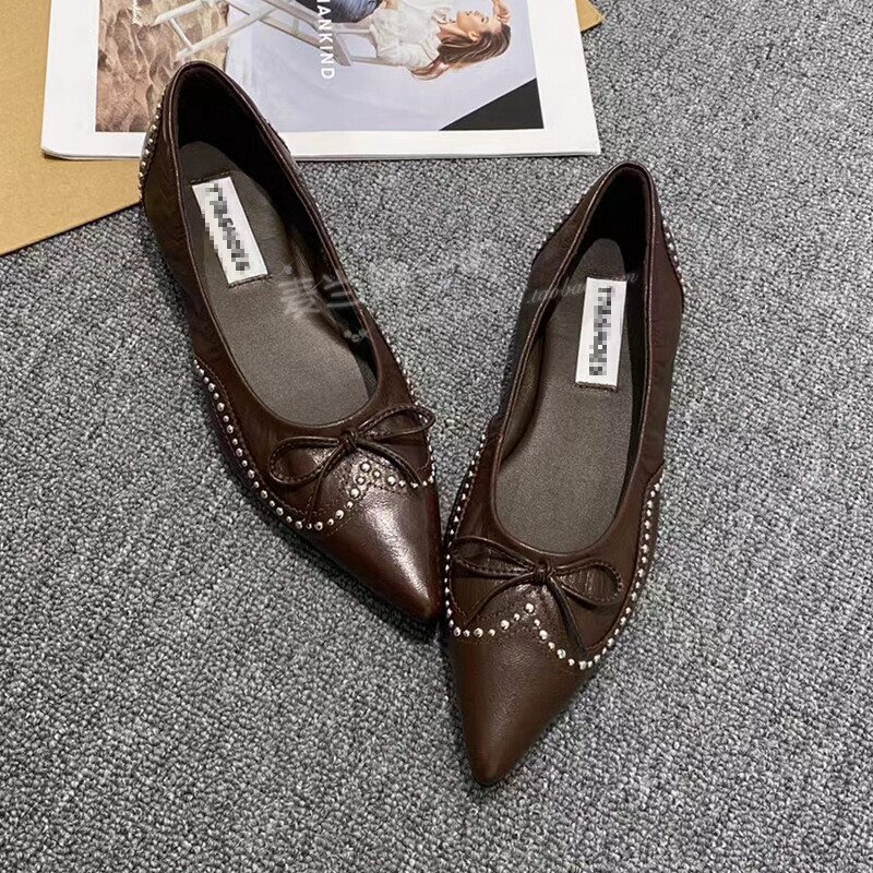 欧洲站TT&SHOES夏法式复古羊皮铆钉巴洛克风尖头浅口平底单鞋女