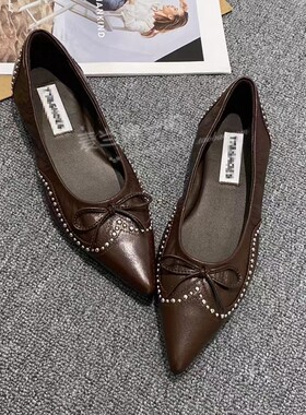 欧洲站TT&SHOES夏法式复古羊皮铆钉巴洛克风尖头浅口平底单鞋女