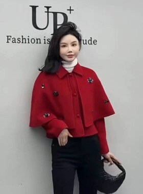 2026秋冬新款女装红色毛呢外套女长袖宽松斗篷外套