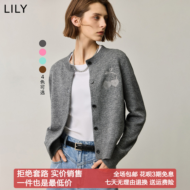 LILY樱桃灰色休闲格雷系圆领针织开衫外套女装2024秋新款外搭毛衣