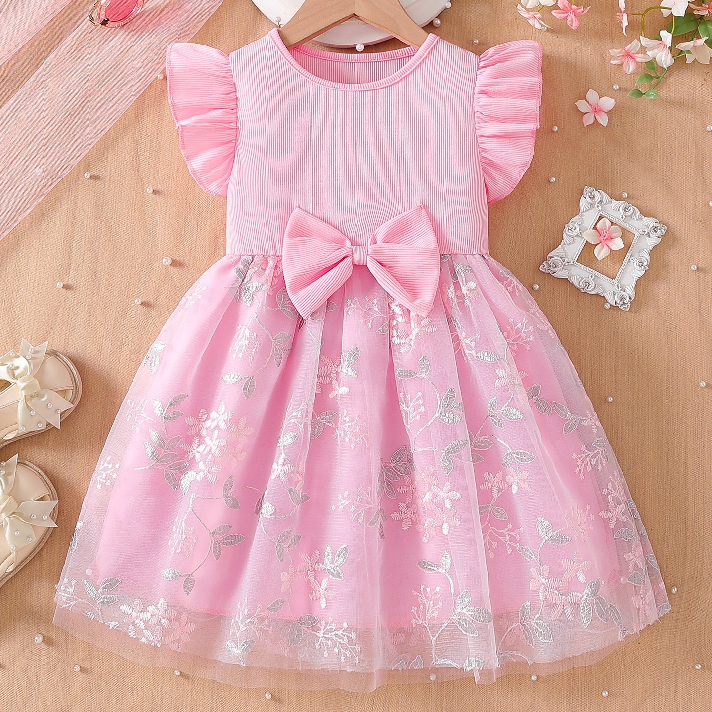 夏季女童飞袖花朵刺绣网纱儿童连衣裙女小童公主裙生日礼服裙