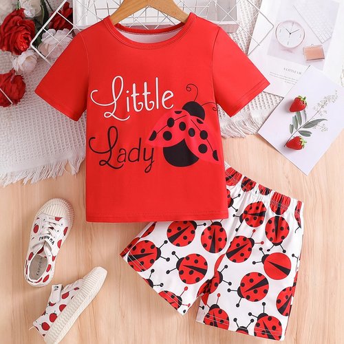 ins中大童女童夏季款圆领印花短袖上衣七星瓢虫短裤休闲套装