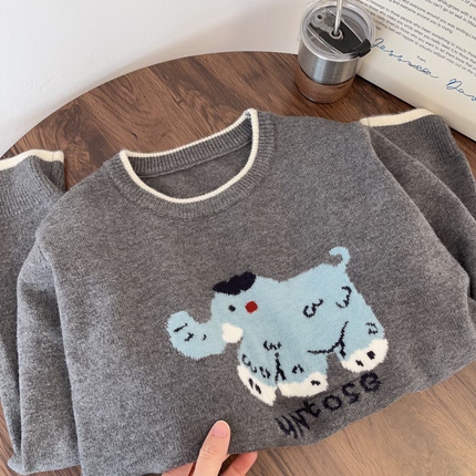 【新系列】秋冬韩系简约休闲百搭撞色大象提花圆领长袖针织毛衣