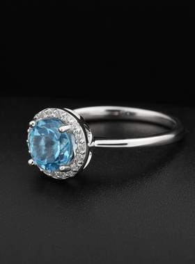 天然瑞士蓝托帕石戒指925银彩宝镀铂金女款指环饰品原石韩版礼物