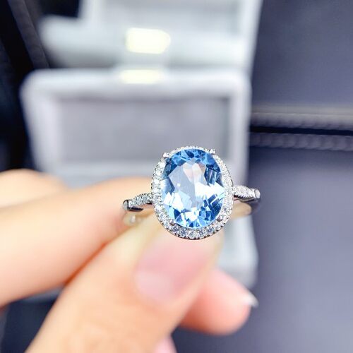 天然海蓝宝戒指925银白金原石彩宝水晶女款指环潮流饰品礼物证书