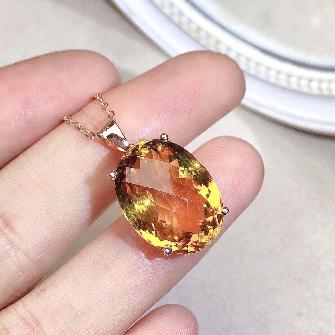 天然巴西黄水晶吊坠大颗粒女款925银玫瑰金项链流行首饰项坠礼物