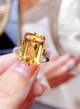 天然黄水晶戒指925银镀白金镶嵌女原矿宝石戒面流行首饰生日礼物