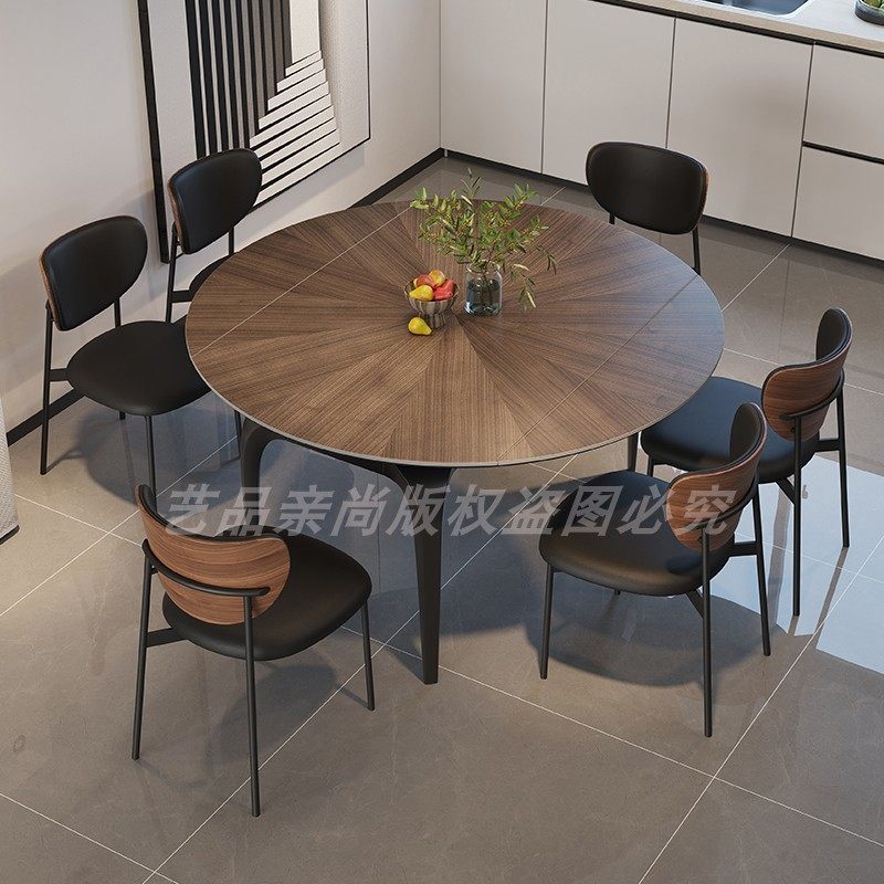 新款镁合金导轨木纹岩板餐桌可圆可方折叠伸缩饭桌家用小户型桌椅