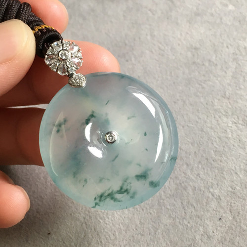 缅甸冰胶飘花翡翠平安扣18K金