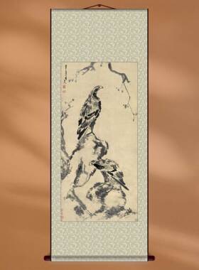 中国画水墨画朱耷古木双鹰图中式家居装饰画客厅挂画定制画框挂轴