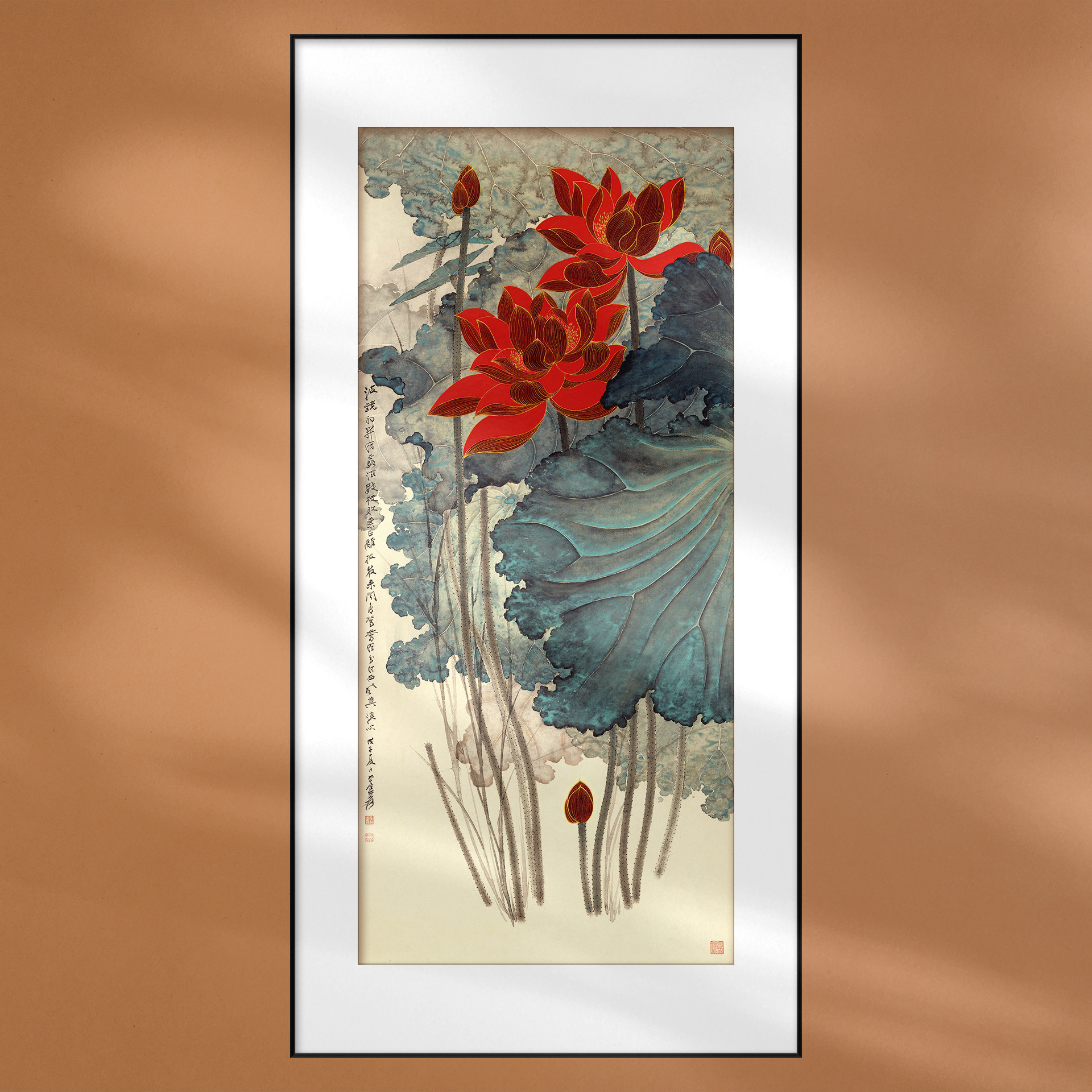 装饰画新中式客厅玄关张大千金线荷花铝合金画框名画复制宣纸国画