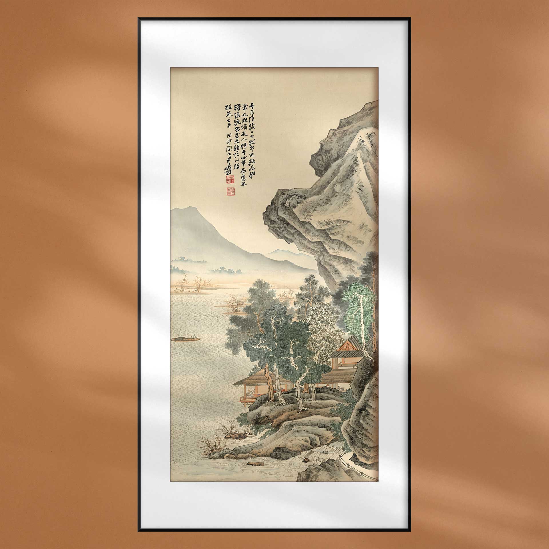 新中式装饰画客厅玄关张大千沧浪渔笛图实木画框山水画中国画复制