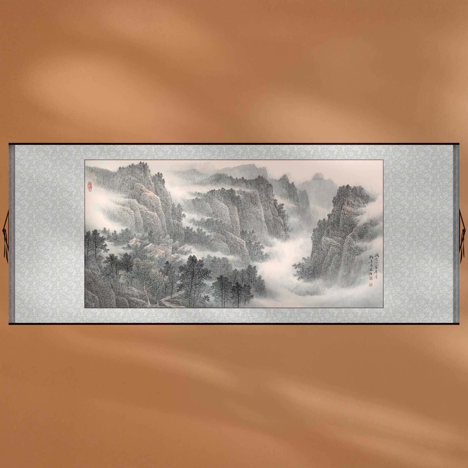 中国画董希源青绿山水画名人名画复刻装饰画新中式客厅背景墙配画