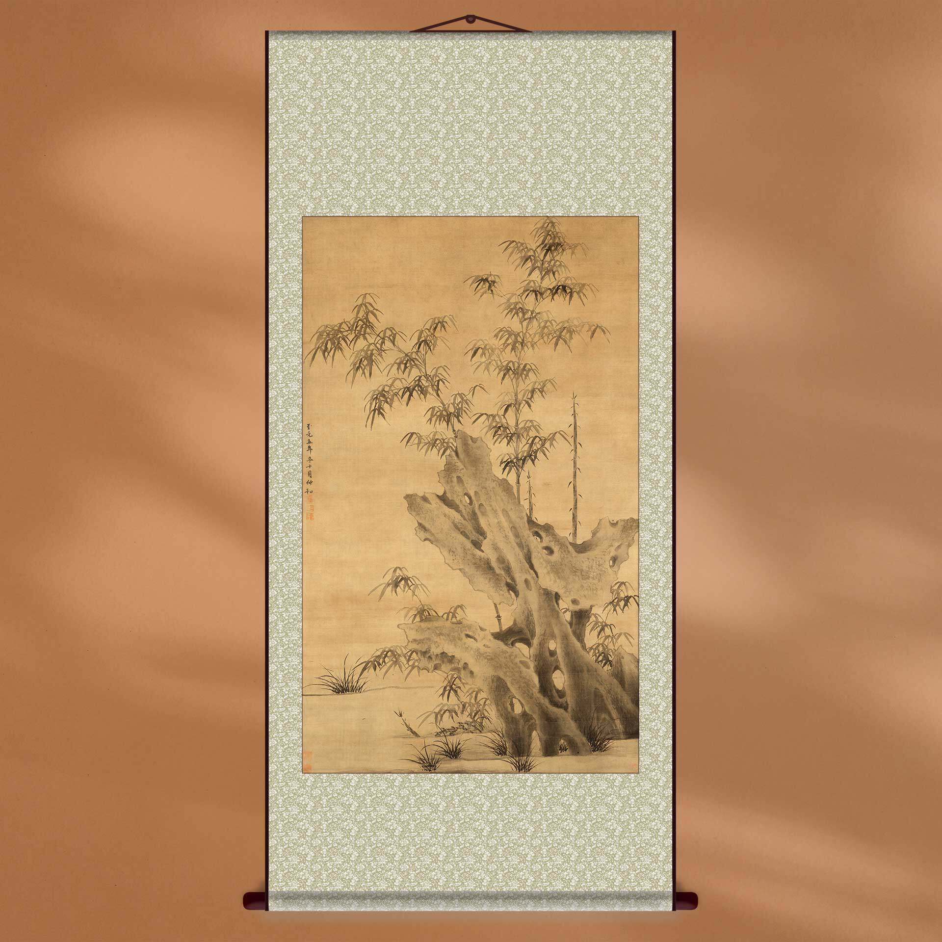 工笔国画竹石图中式客厅装饰画名画复刻绢丝布画芯定制挂画轴画框
