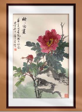 中国画乔木牡丹花卉装饰画客厅卧室宣纸画芯名画高清复制实木画框