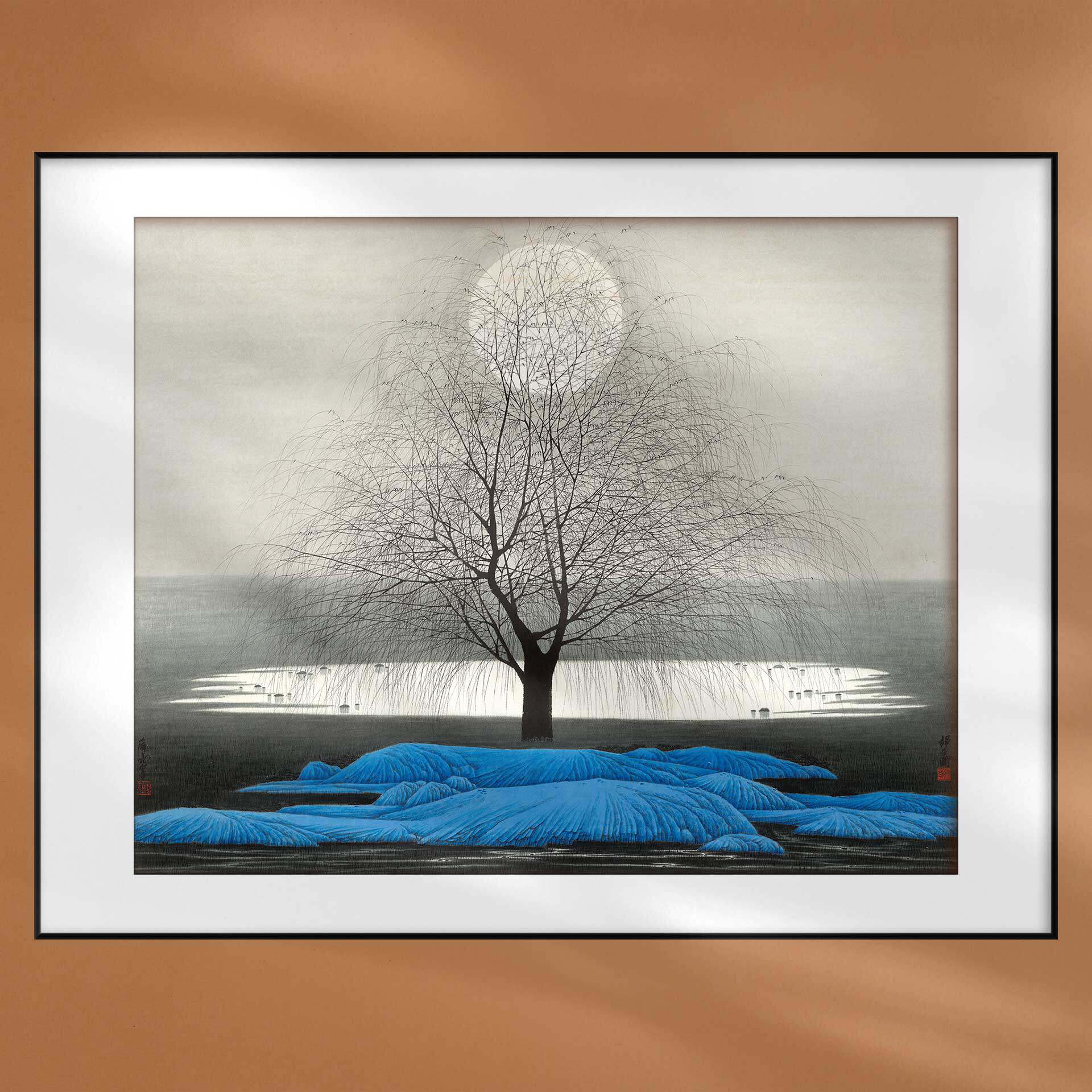 卧房装饰画静夜图月亮水墨工笔中国画书房客厅挂画新中式风景宣纸