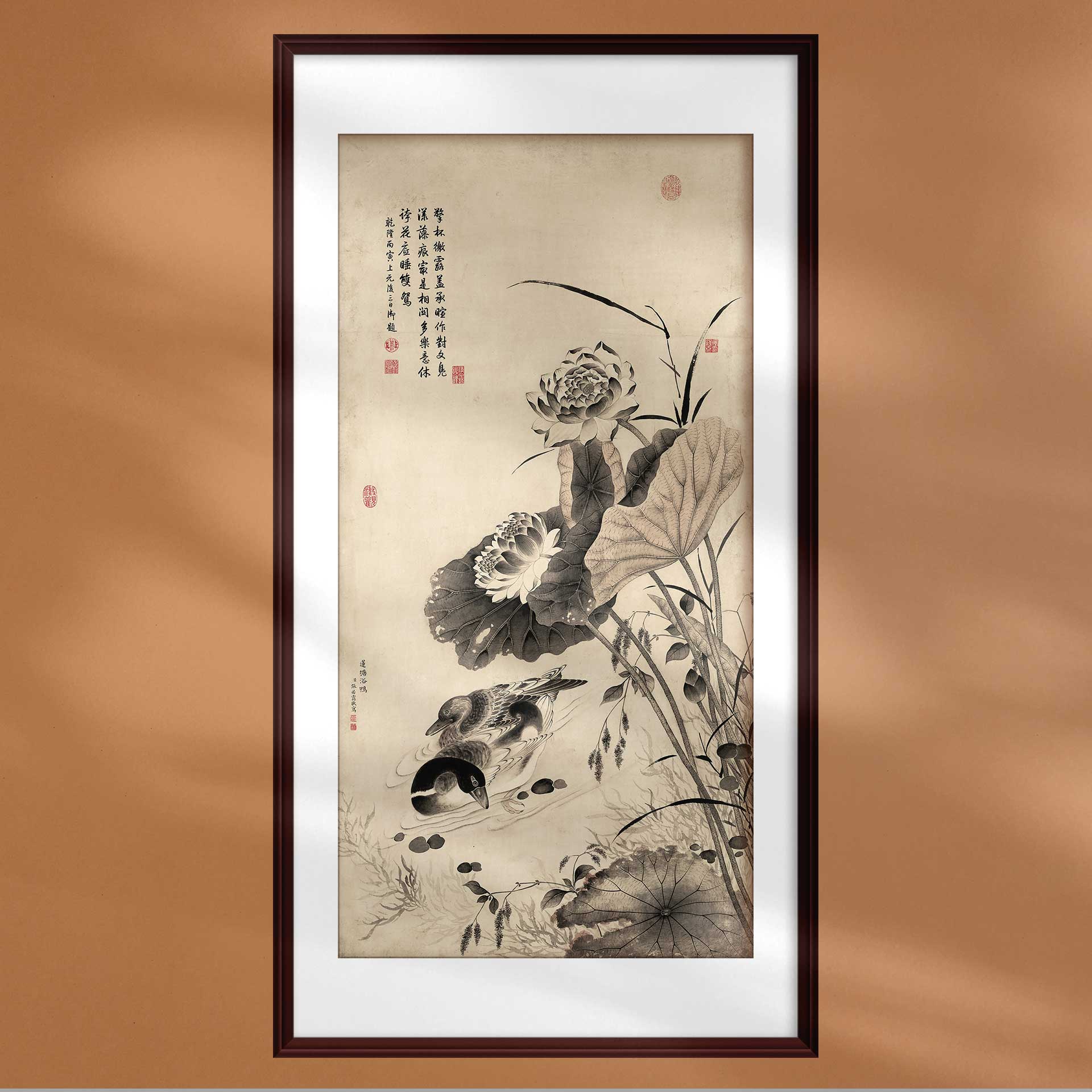 国画莲塘浴鸭水墨荷花明清古典中式装饰画宣纸画芯定制客厅挂画框
