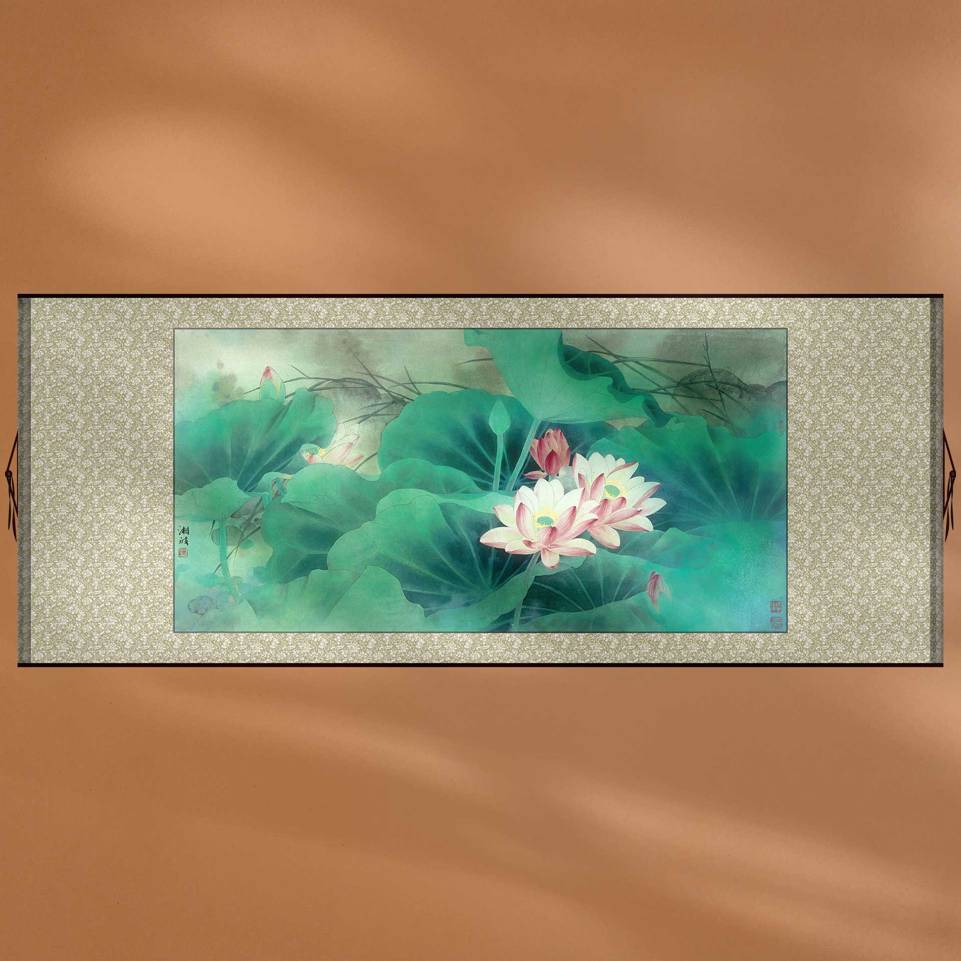 中国画荷塘荷花荷叶花卉装饰画新中式客厅沙发背景墙挂轴定制画框图片