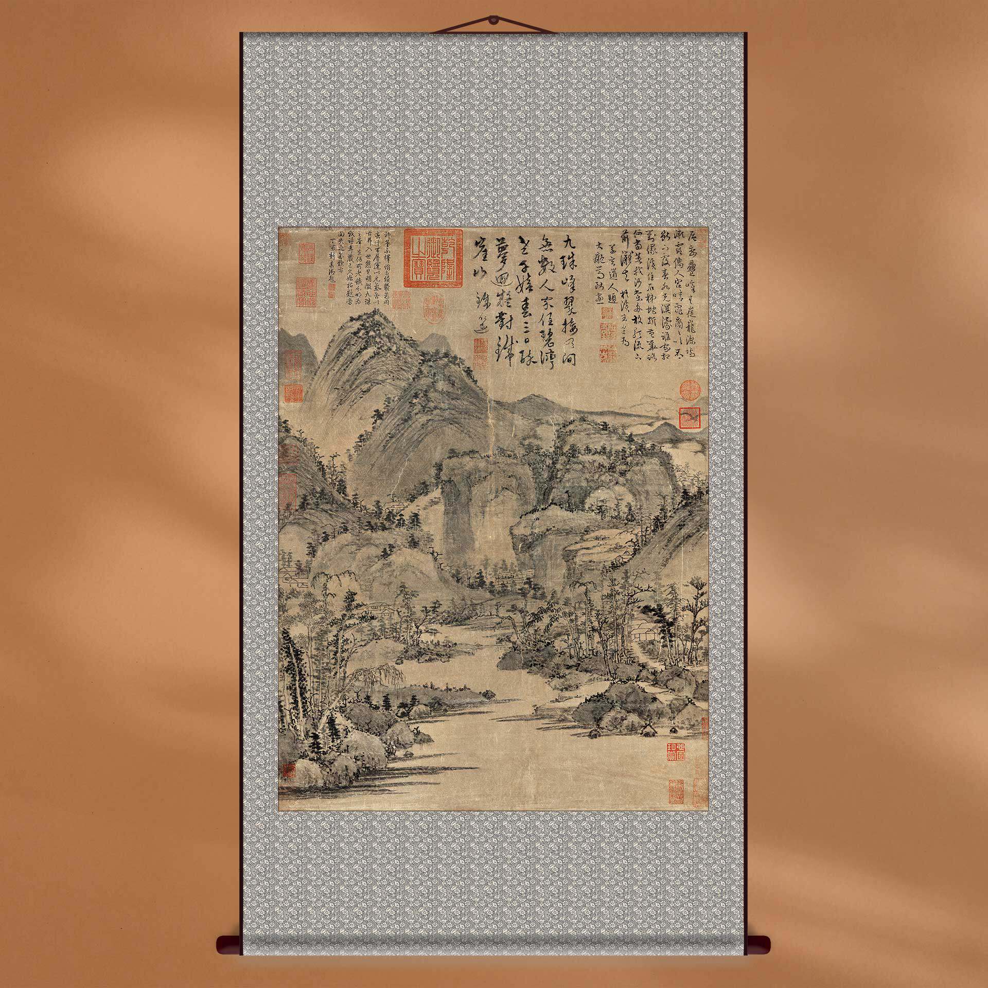 中国画黄公望九珠峰翠图名画复刻装饰画宣纸画芯定制挂轴客厅软装
