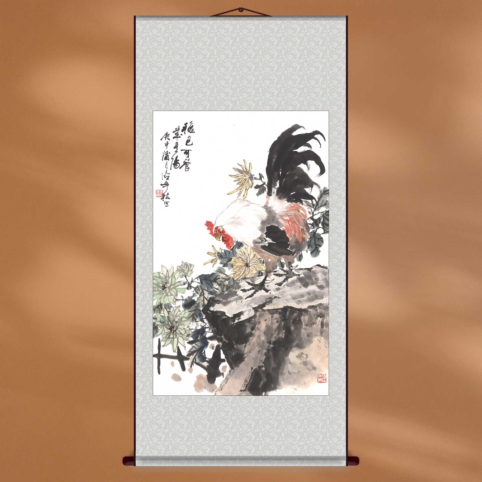 中国画秀色可餐公鸡水墨画新中式装饰画宣纸画芯定制客厅挂轴画框