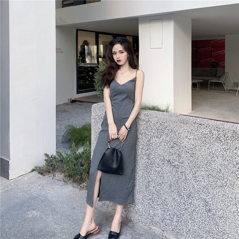 气质修身开叉时尚吊带v领长款连衣裙+秋季防晒针织开衫女两件套装