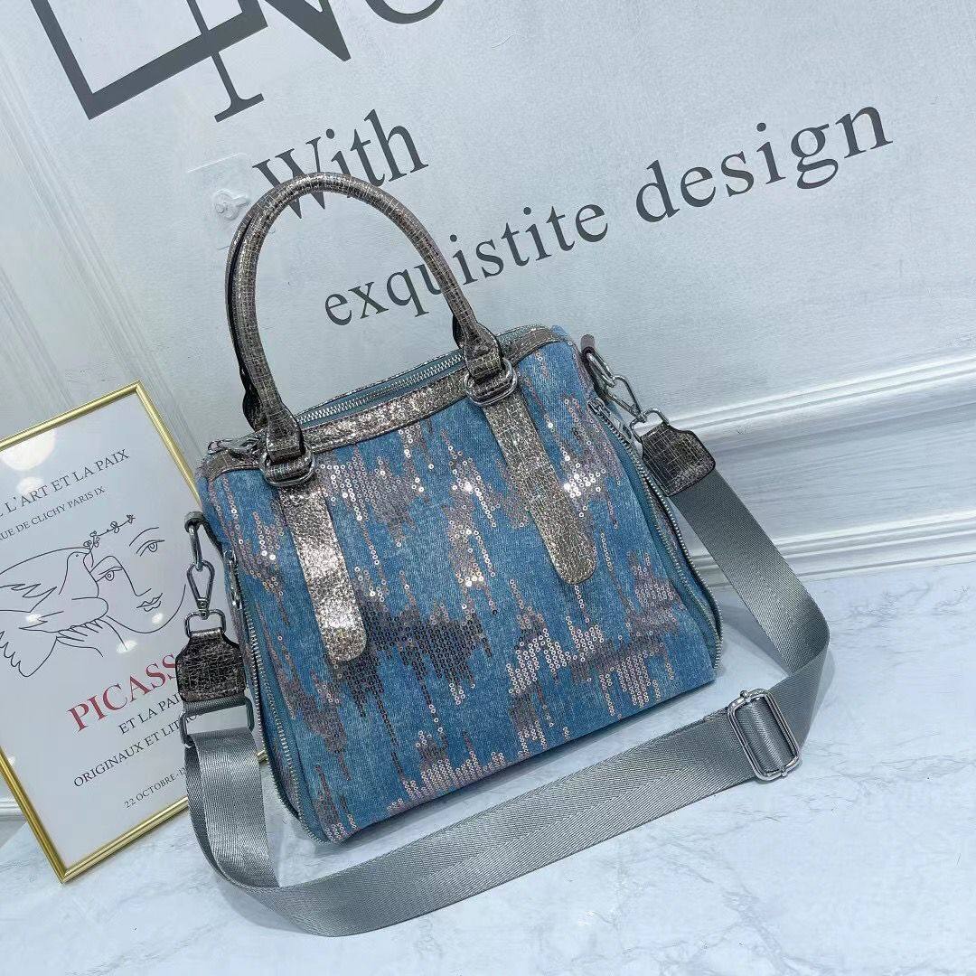 新潮chic珠片牛仔手提女包斜挎大容量包包时尚单肩包休闲出行包