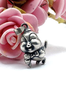 S999纯银3D硬复古泰做旧足银招财生肖鸡吊坠红黑绳男女款项链配件