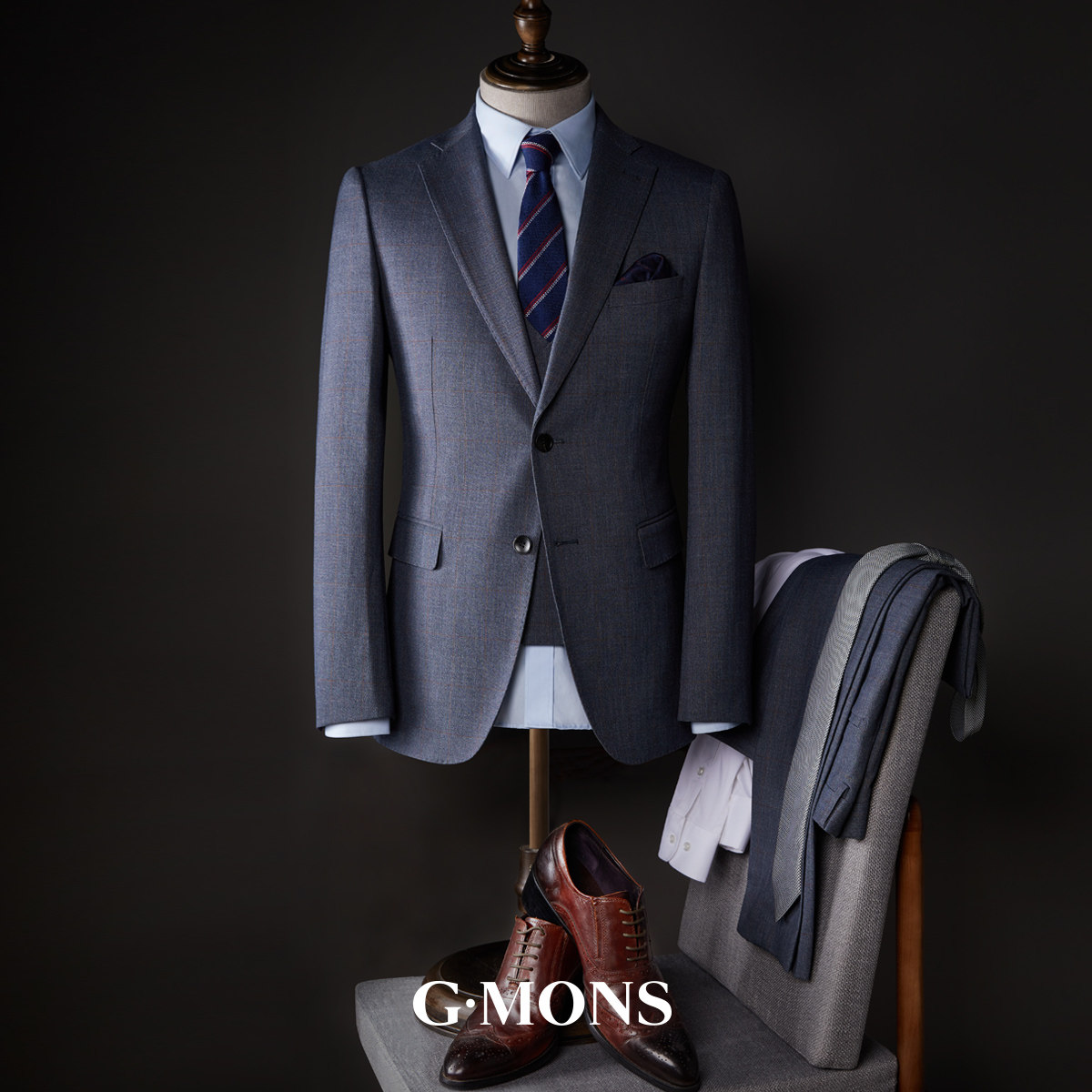 吉约蒙西服套装男灰蓝色格子商务正装新郎结婚礼服高级感西装外套