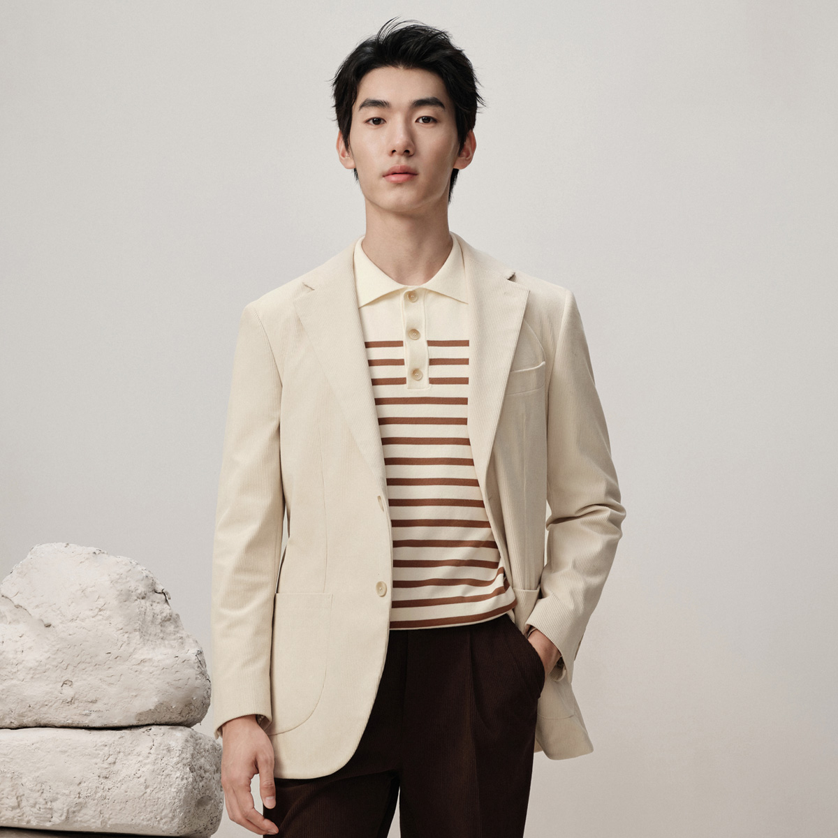 吉约蒙西装男外套米白色灯芯绒商务休闲单西秋冬季高级感西服上衣