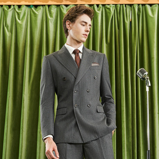 男灰色秋冬新郎结婚礼服西装 吉约蒙羊毛双排扣西服套装 半麻衬