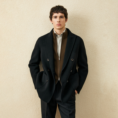 吉约蒙毛呢大衣男短款双排扣黑色冬季保暖加厚双面呢子羊毛外套