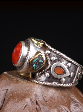 尼泊尔纯银复古镶嵌夸张戒指