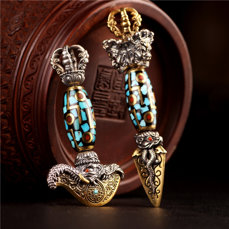 尼泊尔西藏饰品大黑天财神降魔杵金刚橛钺刀天珠小众项链吊坠男女