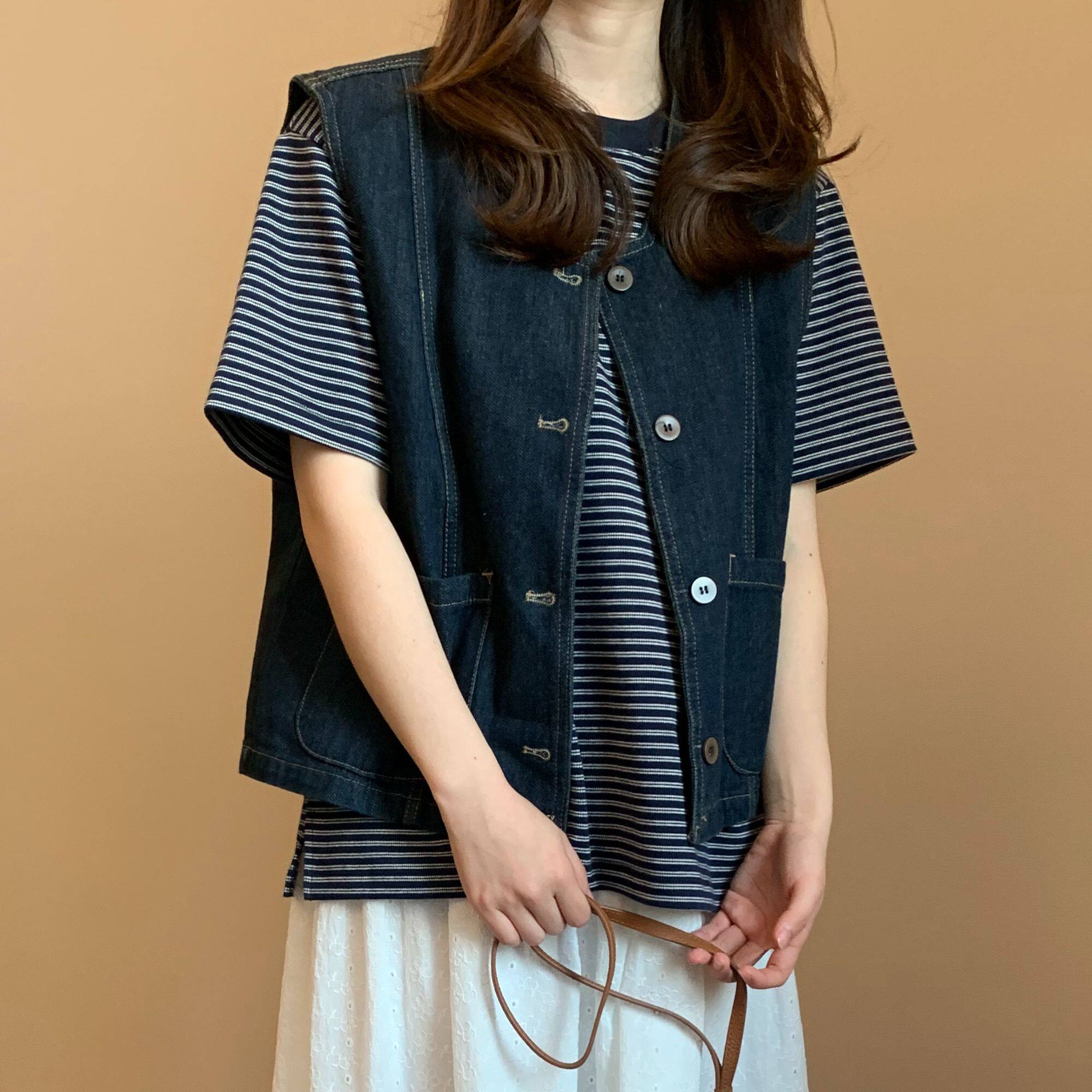 港味复古百搭叠穿圆领牛仔马甲女夏季小个子宽松外搭无袖外套背心