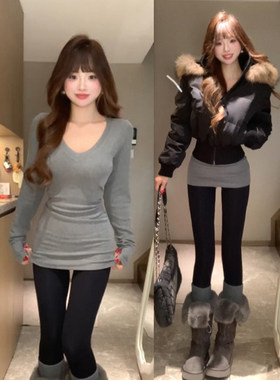 灰色中长款遮屁股加长内搭打底衫女春秋冬季新款长袖t恤内搭上衣