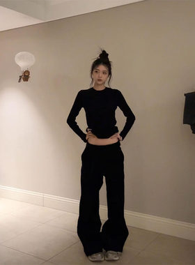 冬季双面德绒内搭打底衫女春秋新款辣妹修身正肩长袖t恤黑色上衣