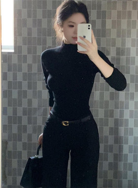半高领黑色加绒打底衫长袖t恤女春秋冬基础新款内搭修身正肩上衣