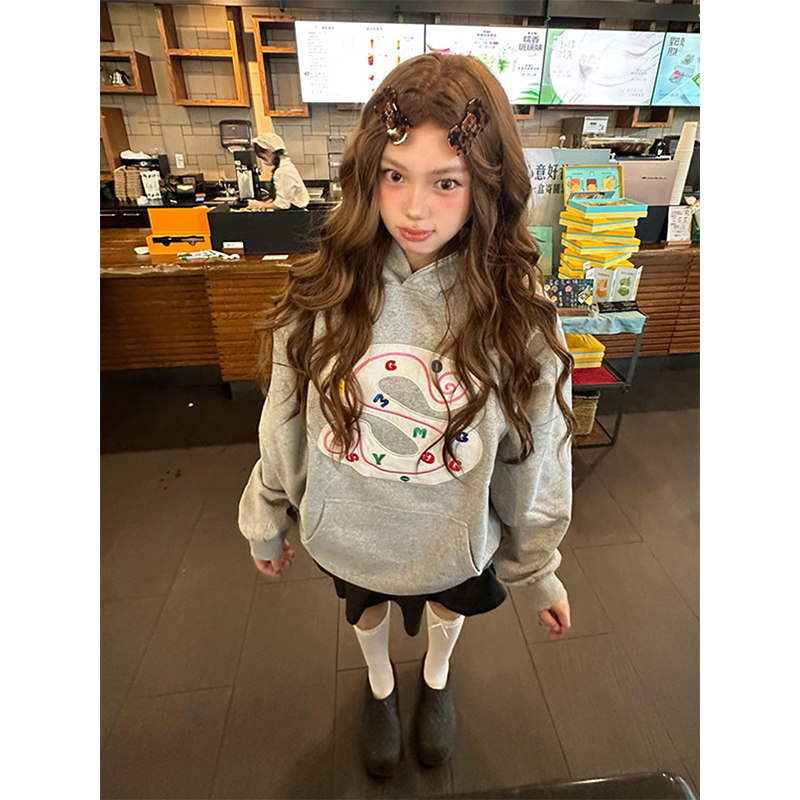 加绒加厚连帽宽松女套头卫衣外套