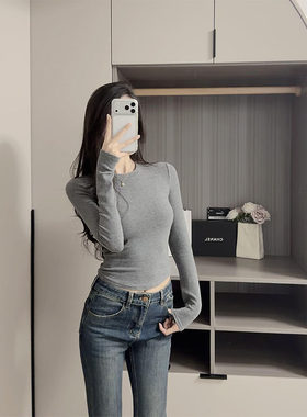 灰色正肩长袖t恤女春秋冬新款加绒内搭磨毛保暖打底衫基础款上衣