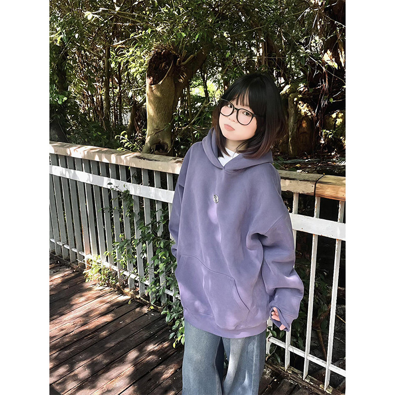 高街连帽紫色加绒加厚宽松卫衣女