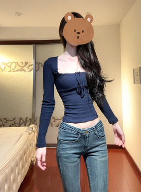 春秋冬新款辣妹绑带方领 T 恤女 纯欲风修身收腰 内搭打底衫上衣