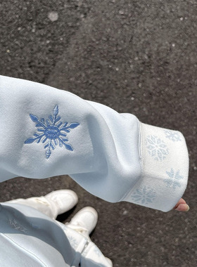 雪花手绣碎花拼接开衫连帽卫衣女春秋冬新款加绒加厚毛领拉链外套