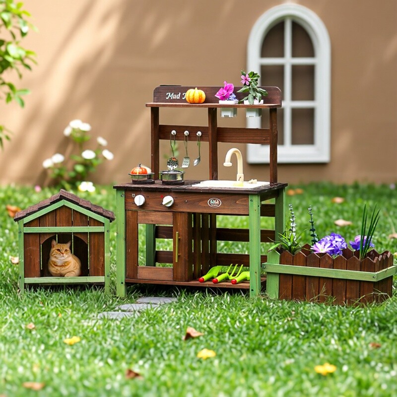 儿童过家家木质户外可出水多功能厨房仿真厨具玩沙子角色模拟玩具