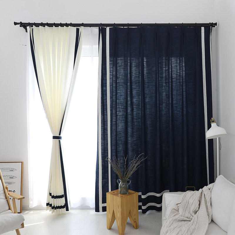 小香风现代简约地中海北欧风格蓝白棉麻客厅卧室飘窗纯色窗帘定制