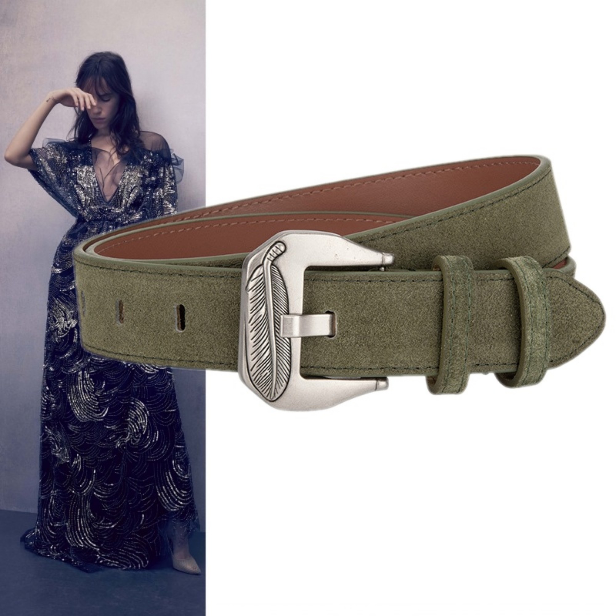 军绿色牛皮装饰腰带时装女羽绒服毛衣牛仔裤配饰3.3厘米磨砂皮带