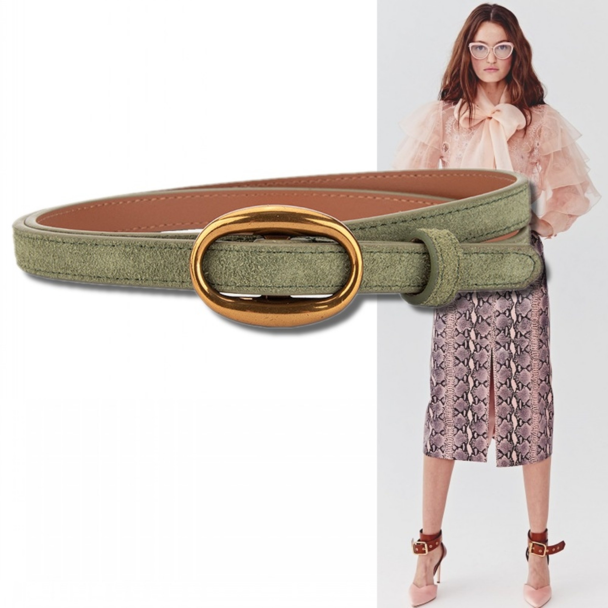 军绿色真皮装饰腰带潮女连衣裙长裙牛仔裤配饰磨砂1.4厘米细皮带